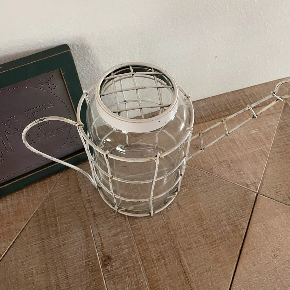 Rustic White Metal and Glass Watering Can - Picture 2 of 8
